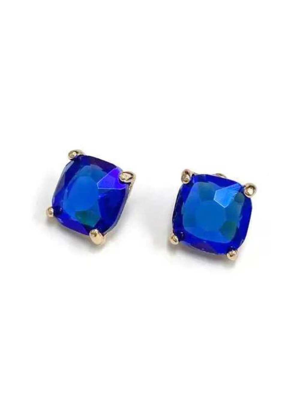 12mm Cushion Cut Square Crystal Glass Bead Stud Earrings Royal Blue AB Gold
